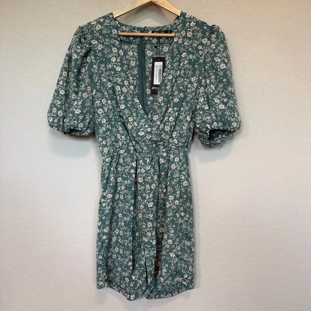Women's Nasty Gal‎ Sage Green Floral Puff Sleeve Romper Size 4 NEW - Picture 9 of 10